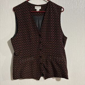 Alfred Dunner Women’s Vest Faux Pockets Medallion Black Brown Silky Work 10